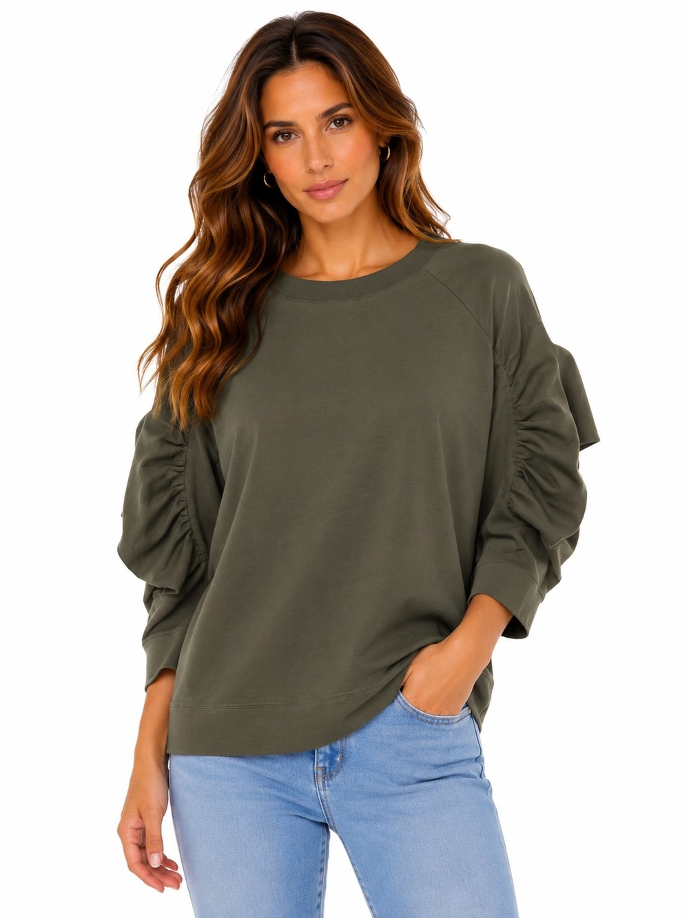 Prologue Olive Green Ruched-Sleeve Sweatshirt